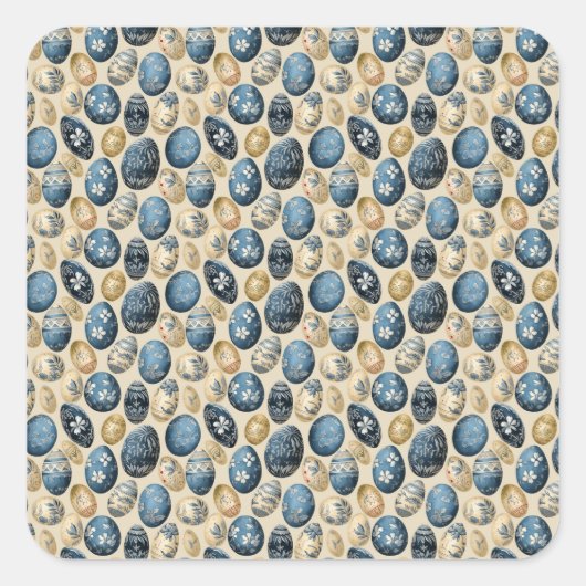 Blauw, Goud & Cream  eierpatroon Vierkante Sticker (Voorkant)