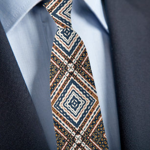 Blauw Goud Crème Roest Diamant Patroon Stropdas