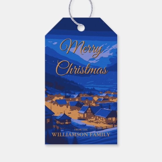 Blauw Goud Custom Winter Village Kerstmis Cadeaulabel (Voorkant)
