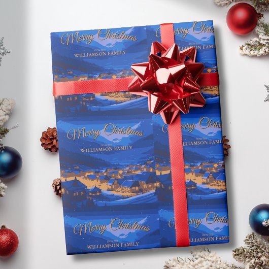 Blauw Goud Custom Winter Village Kerstmis Cadeaupapier