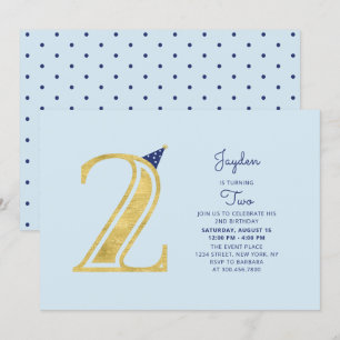 Blauw & Goud Cute Moderne Jongen 2e Verjaardagsf Kaart