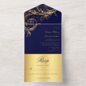 Blauw Goud Damask Kalligrafie Trouwen All In One Uitnodiging (Binnen)