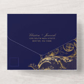 Blauw Goud Damask Kalligrafie Trouwen All In One Uitnodiging (Achterkant)