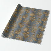 Blauw & Goud Damast Faux Velvet Vakantie Cadeaupapier (Uitgerold)