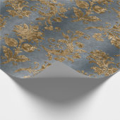 Blauw & Goud Damast Faux Velvet Vakantie Cadeaupapier (Hoek)