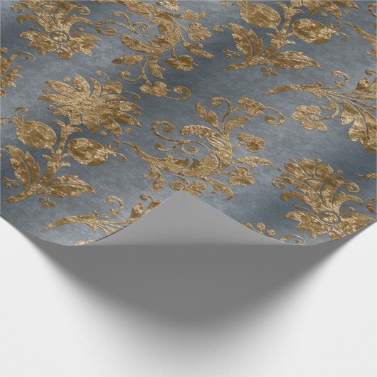 Blauw & Goud Damast Faux Velvet Vakantie Cadeaupapier (Hoek)
