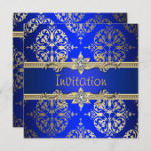 Blauw Goud Damast Koningsblauw Feest Kaart (Voorkant / Achterkant)