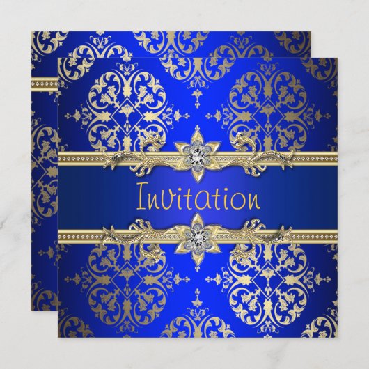 Blauw Goud Damast Koningsblauw Feest Kaart (Voorkant / Achterkant)
