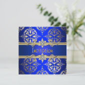 Blauw Goud Damast Koningsblauw Feest Kaart (Staand voorkant)