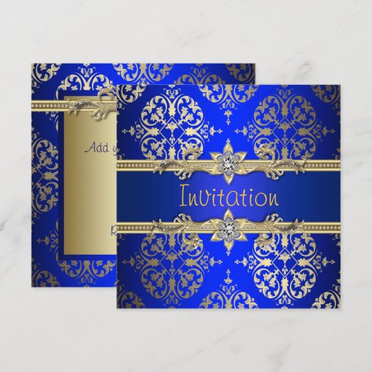 Blauw Goud Damast Koninklijk Blauw Feest Kaart (Voorkant / Achterkant)