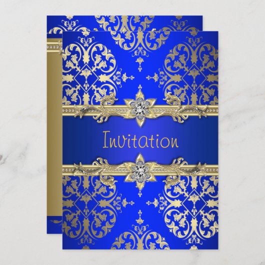Blauw Goud Damast Koninklijk Blauw Uitnodiging Fee (Voorkant / Achterkant)