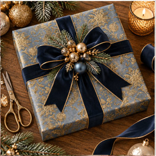 Blauw & Goud Damast Nepfluwelen Kerstmis Cadeaupapier