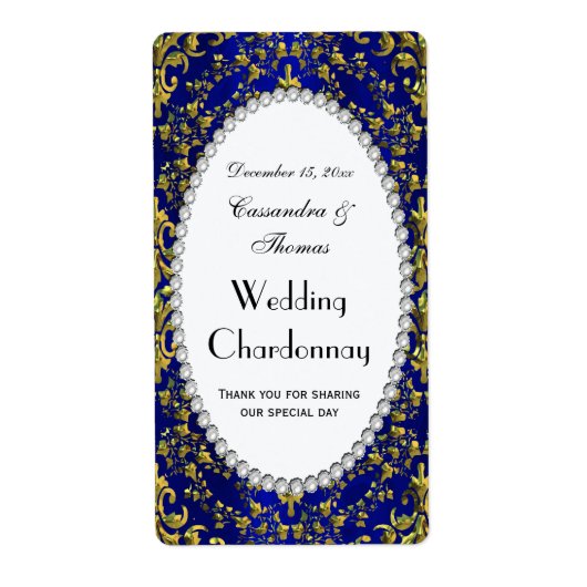  Blauw Goud Damast Parel V Wijnflesetiket Etiket (Voorkant)