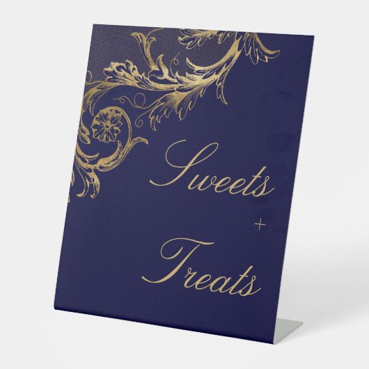  Blauw Goud Damast Sweets Treats Bruiloft Reclamebord Met Voetstuk (Voorkant)