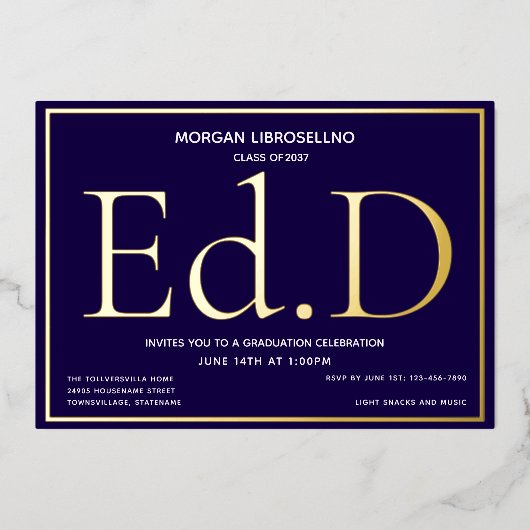Blauw Goud Ed.D Afstuderen Folie Uitnodiging (Voorkant)