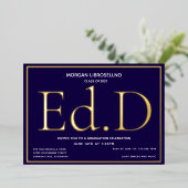Blauw Goud Ed.D Afstuderen Folie Uitnodiging (Staand Voorkant)