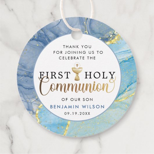Blauw & Goud Eerste Heilige Communie Dank u Bedankjes Labels (Achterkant)