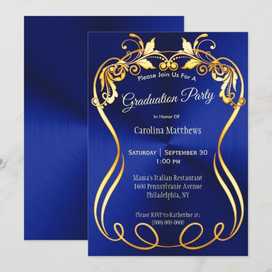 Blauw Goud Elegant Afstuderen Kaart (Voorkant / Achterkant)