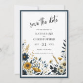 Blauw Goud Elegant Bloemen Bruiloft Save The Date (Voorkant)
