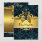 Blauw Goud Elegant Damask Quinceanera Uitnodigen Kaart (Voorkant / Achterkant)