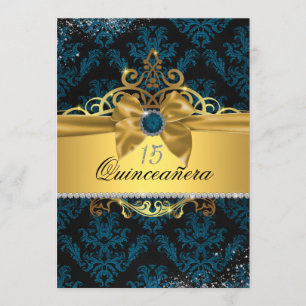 Blauw Goud Elegant Damask Quinceanera Uitnodigen Kaart