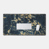Blauw & goud elegant marmeren monogram bureaumat (Keyboard & Muis)