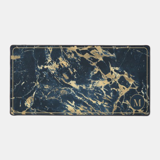 Blauw & goud elegant marmeren monogram bureaumat (Voorkant)