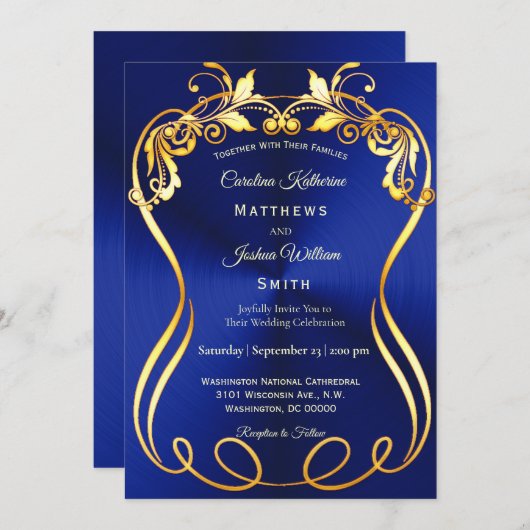 Blauw Goud Elegante bruiloft Kaart (Voorkant / Achterkant)