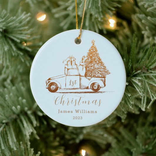 Blauw Goud Elegante Foto Baby's Eerste Kerstmis Keramisch Ornament (Boom)