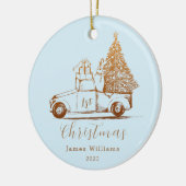 Blauw Goud Elegante Foto Baby's Eerste Kerstmis Keramisch Ornament (Links)