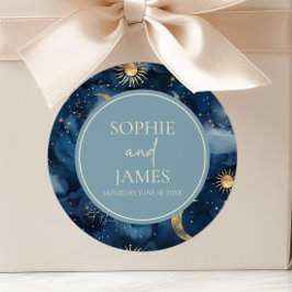 Blauw Goud Elegante Hemel Sterrenhemel Bruiloft Ronde Sticker
