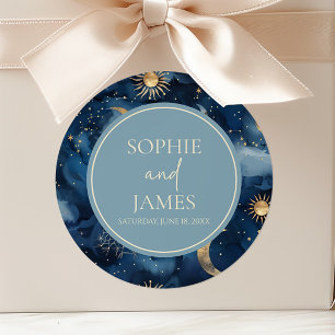 Blauw Goud Elegante Hemel Sterrenhemel Bruiloft Ronde Sticker