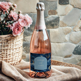 Blauw Goud Elegante Hemel Sterrenhemel Bruiloft Sparkling Wijnetiket
