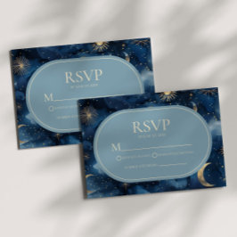 Blauw Goud Elegante Hemelse Sterrenhemel Bruiloft RSVP Kaartje