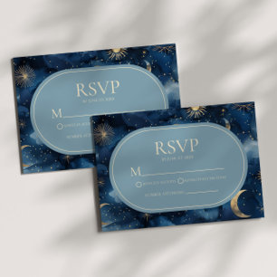 Blauw Goud Elegante Hemelse Sterrenhemel Bruiloft RSVP Kaartje