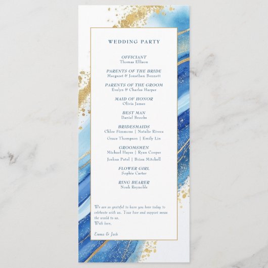 Blauw Goud Elegante moderne orde van huwelijkscere Programmakaart (Achterkant)
