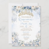 Blauw Goud Elegante Waterverf Bloemen Quinceañera Kaart (Voorkant)