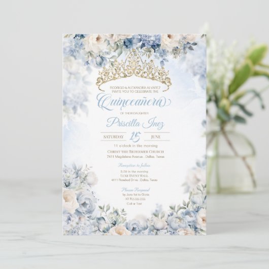 Blauw Goud Elegante Waterverf Bloemen Quinceañera Kaart (Staand voorkant)