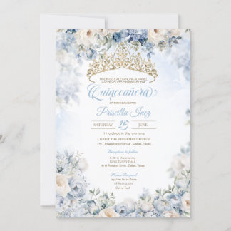 Blauw Goud Elegante Waterverf Bloemen Quinceañera Kaart