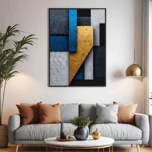 Blauw, Goud en Beton Canvas Afdruk