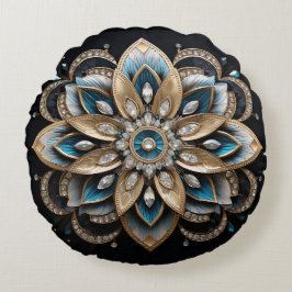 Blauw, Goud en Kristal Mandala Rond Kussen