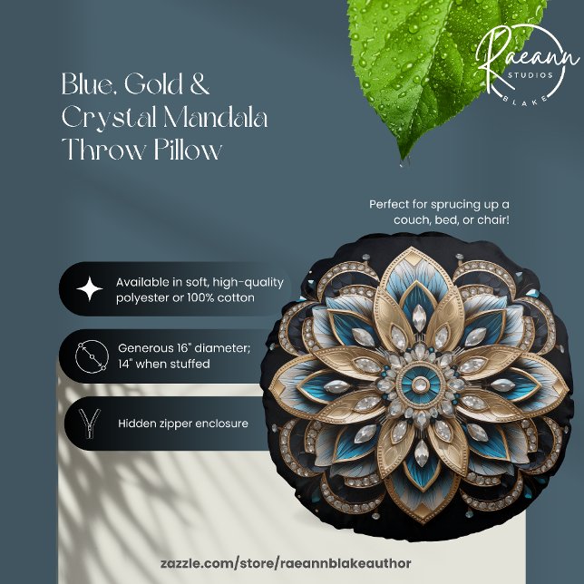 Blauw, Goud en Kristal Mandala Rond Kussen (Creator heeft geüpload)