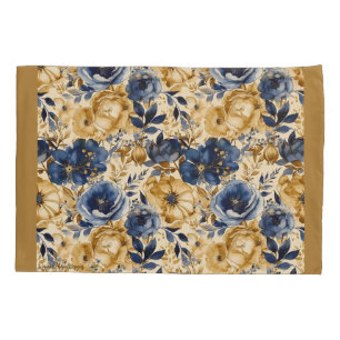 Blauw Goud en Tan Bloemen Standaard Kussensloop