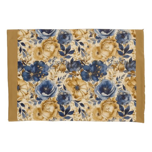 Blauw Goud en Tan Bloemen Standaard Kussensloop (Voorkant)
