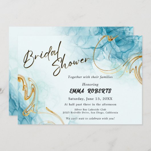 Blauw Goud en Wit Elegante Waterverf Bruid Kaart (Voorkant / Achterkant)