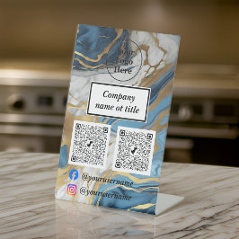 Blauw goud en wit marmer reclamebord met voetstuk