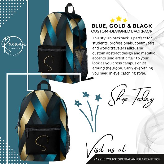 Blauw, goud en zwart custom backpack bedrukte rugzak