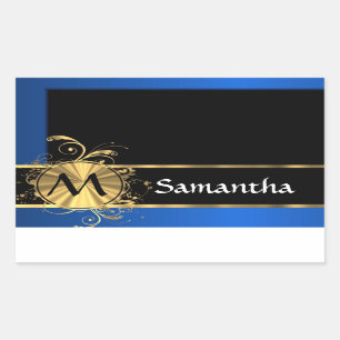 Blauw goud en zwart monogram rechthoekige sticker
