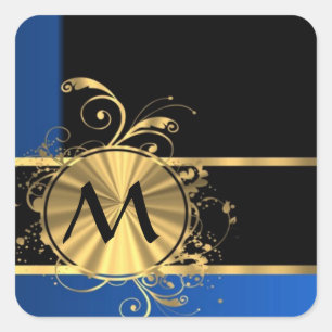 Blauw goud en zwart monogram vierkante sticker