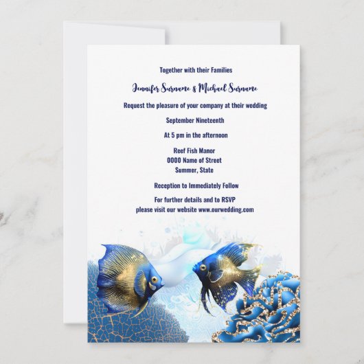 Blauw goud engel vis eiland rif strand chic kaart (Voorkant)